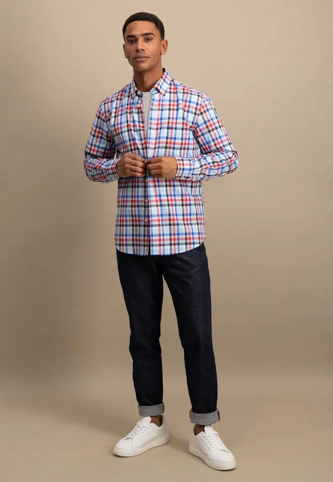 FYNCHHATTON Checked Shirt Made Of Fine Cotton Navyturf Greenpoppy Red Men Shirts
