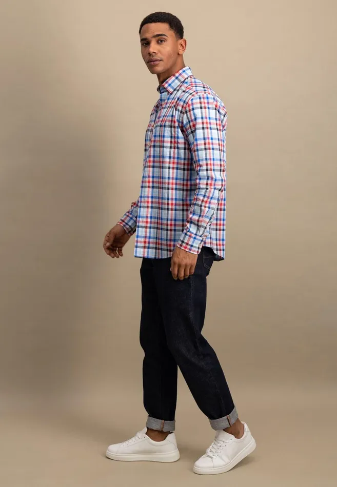 FYNCHHATTON Checked Shirt Made Of Fine Cotton Navyturf Greenpoppy Red Men Shirts