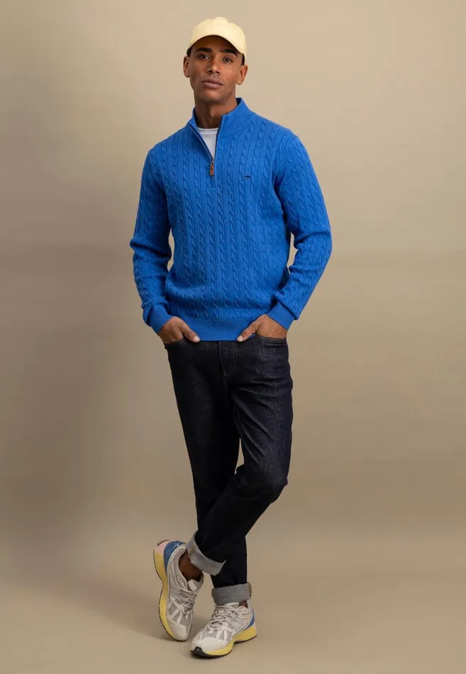 FYNCHHATTON Knitting Sweater With A Troyer Collar And Braid Pattern New Offwhitenavypoppy Redstrong Blue Men Sweater
