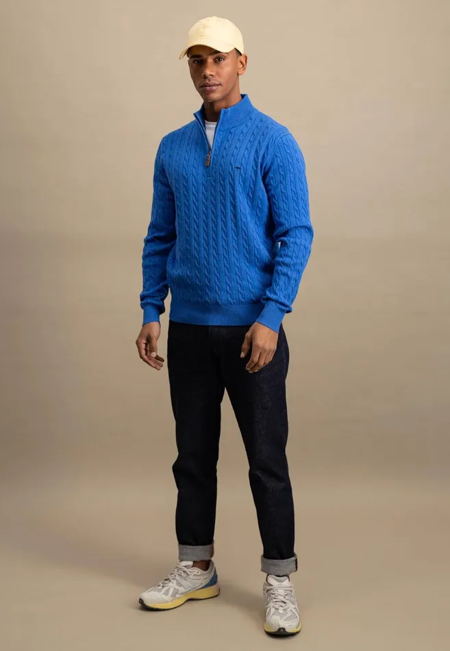 FYNCHHATTON Knitting Sweater With A Troyer Collar And Braid Pattern New Offwhitenavypoppy Redstrong Blue Men Sweater