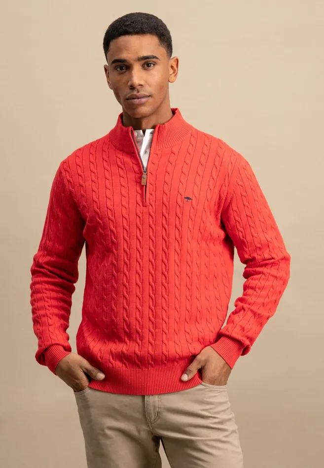 FYNCHHATTON Knitting Sweater With A Troyer Collar And Braid Pattern New Offwhitenavypoppy Redstrong Blue Men Sweater