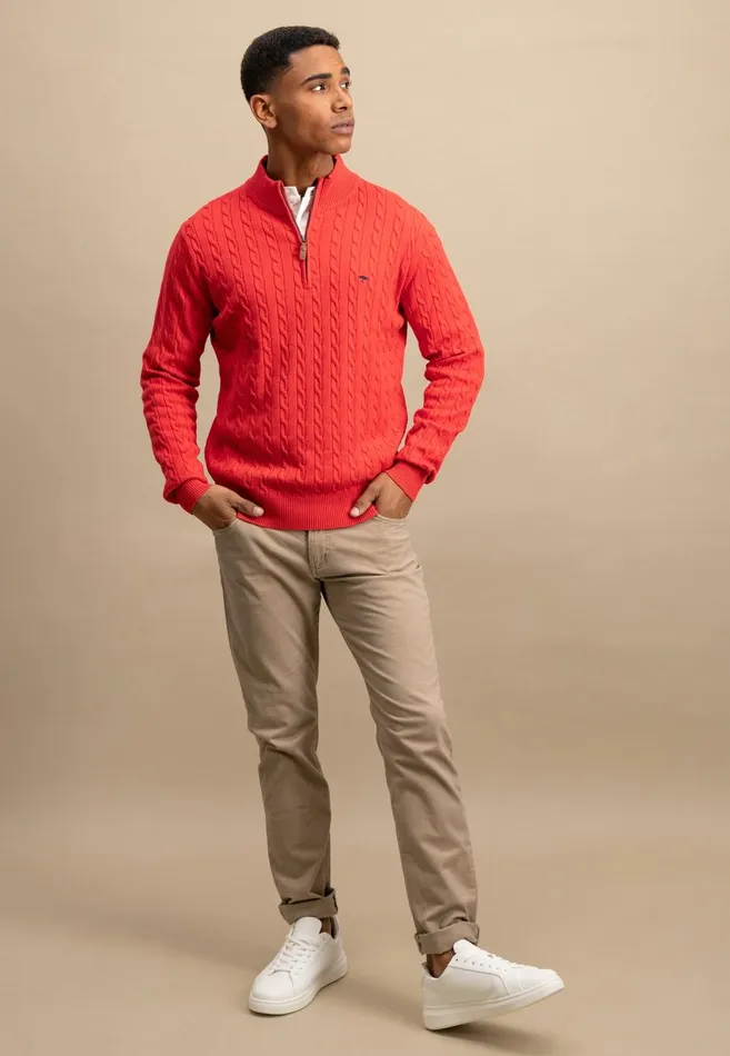FYNCHHATTON Knitting Sweater With A Troyer Collar And Braid Pattern New Offwhitenavypoppy Redstrong Blue Men Sweater