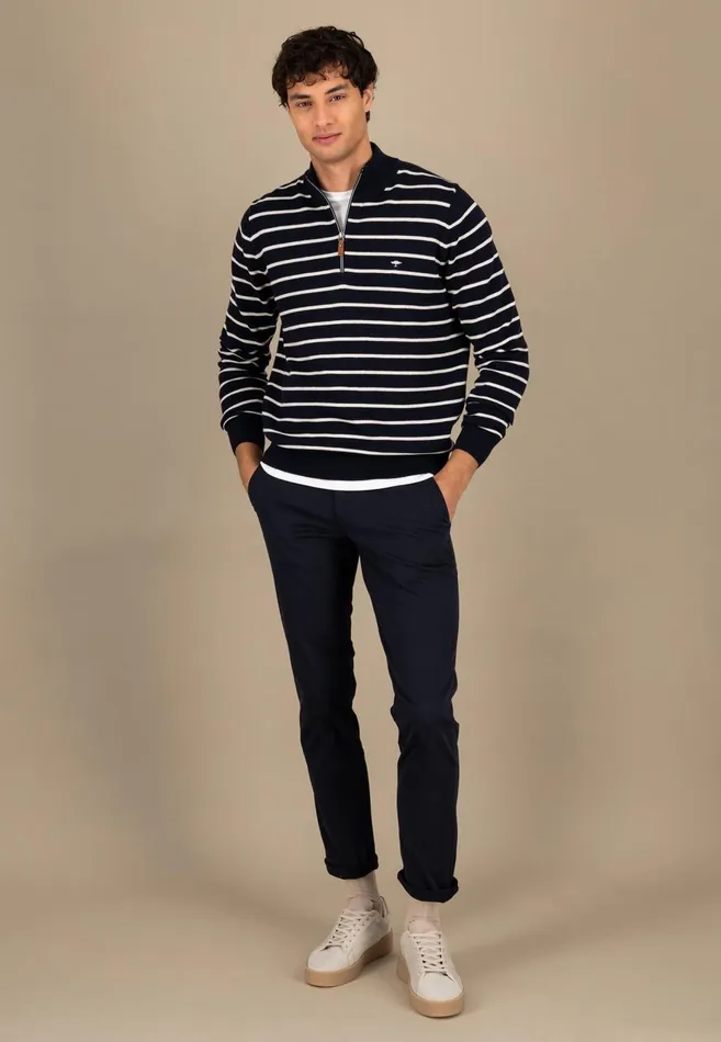 FYNCHHATTON Knitting Sweaters With A Troyer Collar And Striped Look Navynew Offwhitepoppy Red Men Sweater