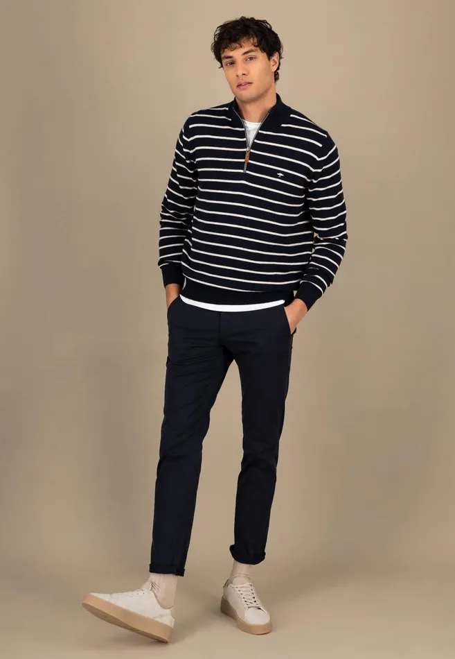 FYNCHHATTON Knitting Sweaters With A Troyer Collar And Striped Look Navynew Offwhitepoppy Red Men Sweater