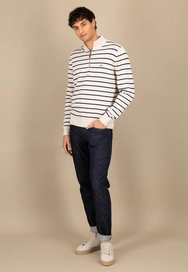 FYNCHHATTON Knitting Sweaters With A Troyer Collar And Striped Look Navynew Offwhitepoppy Red Men Sweater