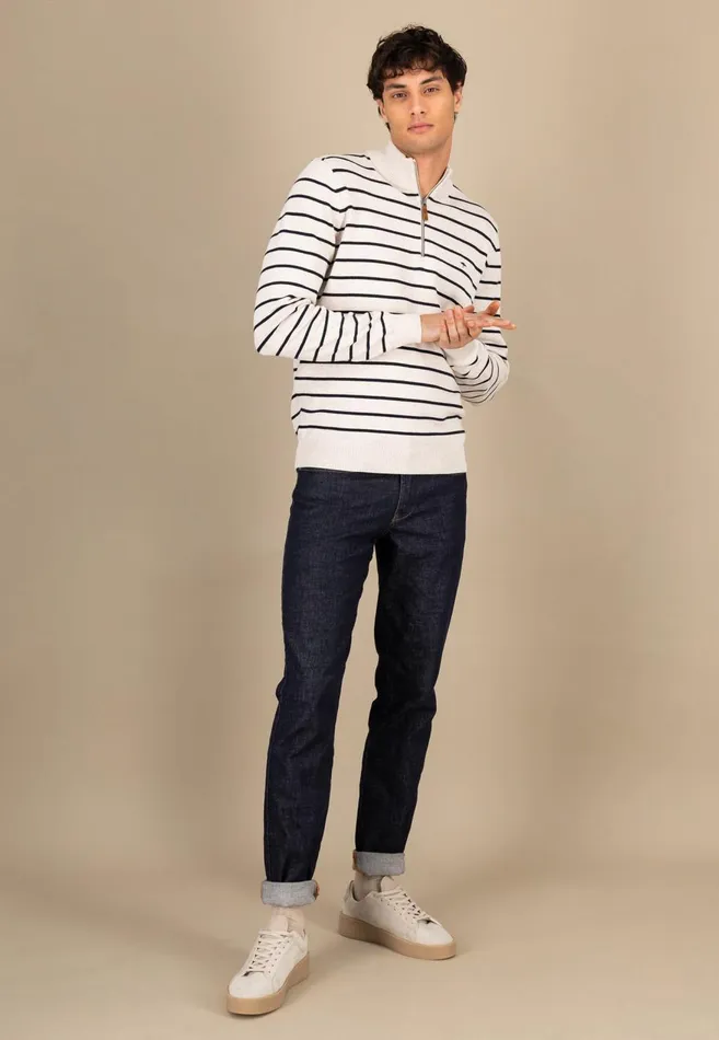 FYNCHHATTON Knitting Sweaters With A Troyer Collar And Striped Look Navynew Offwhitepoppy Red Men Sweater