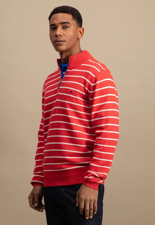 FYNCHHATTON Knitting Sweaters With A Troyer Collar And Striped Look Navynew Offwhitepoppy Red Men Sweater