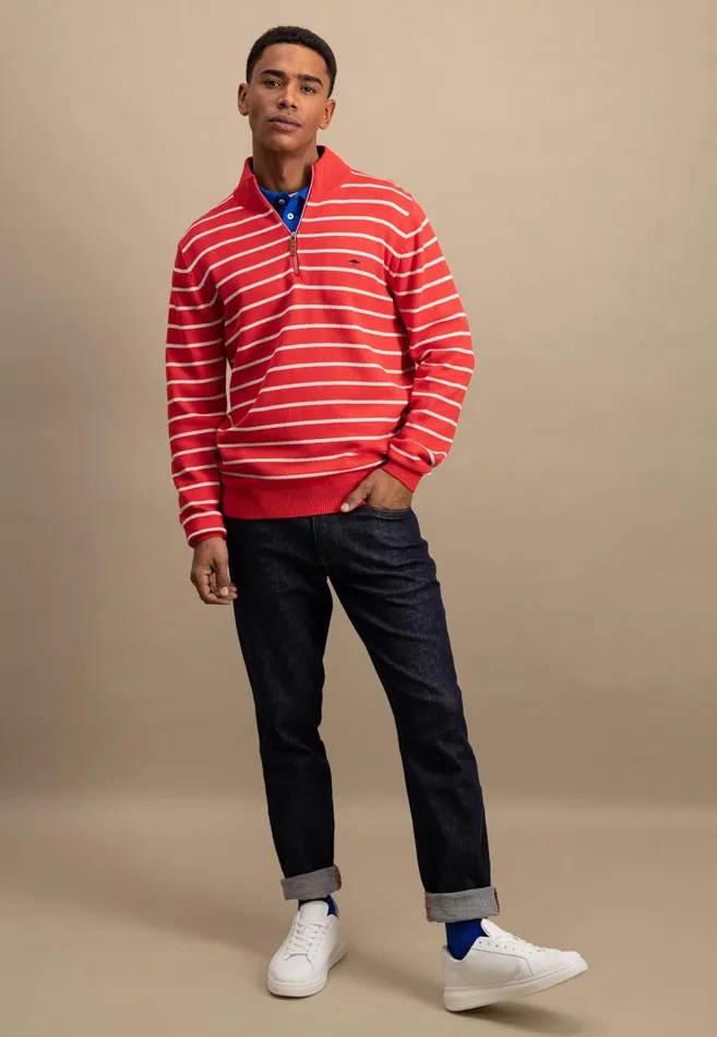 FYNCHHATTON Knitting Sweaters With A Troyer Collar And Striped Look Navynew Offwhitepoppy Red Men Sweater