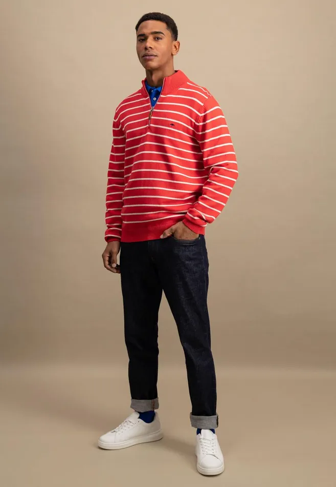 FYNCHHATTON Knitting Sweaters With A Troyer Collar And Striped Look Navynew Offwhitepoppy Red Men Sweater