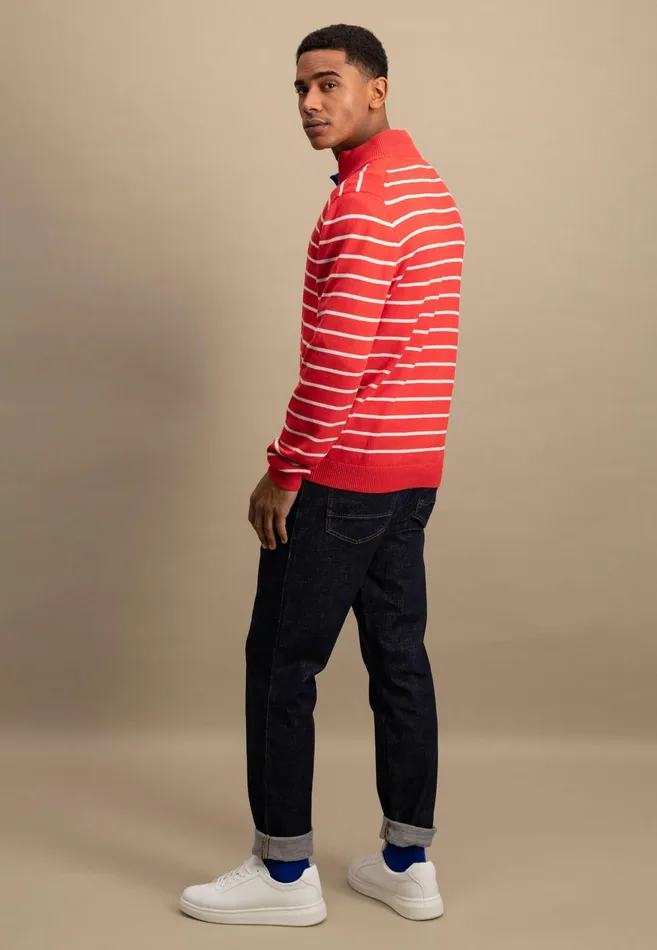 FYNCHHATTON Knitting Sweaters With A Troyer Collar And Striped Look Navynew Offwhitepoppy Red Men Sweater