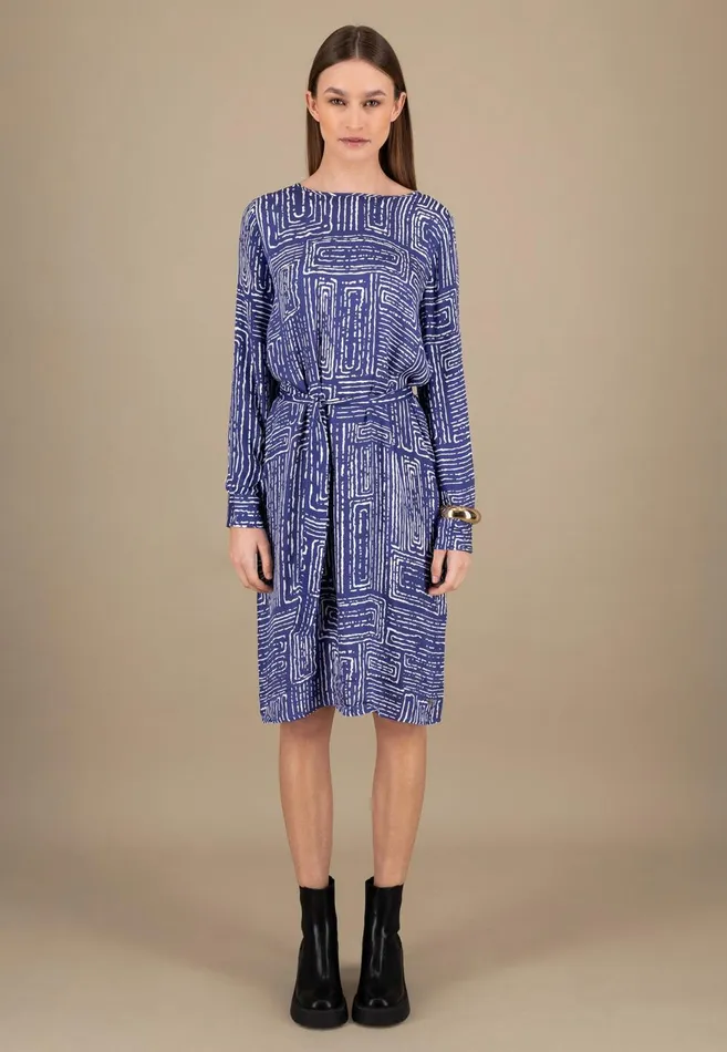 FYNCHHATTON Long Dress With All overprint And Waist Belt Blue Purple Women Dresses