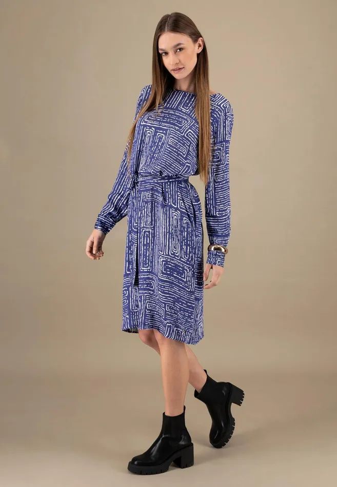 FYNCHHATTON Long Dress With All overprint And Waist Belt Blue Purple Women Dresses