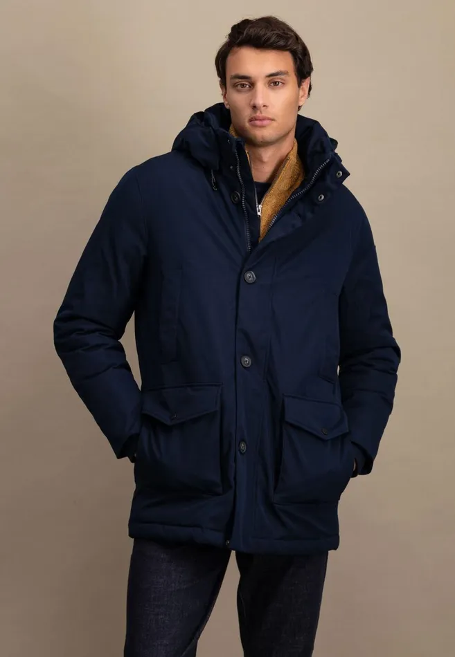 FYNCHHATTON Parka With Hood And Four Buttons Dark Navydark Khakiflamehazelcloud Blue Men Jackets and Coats
