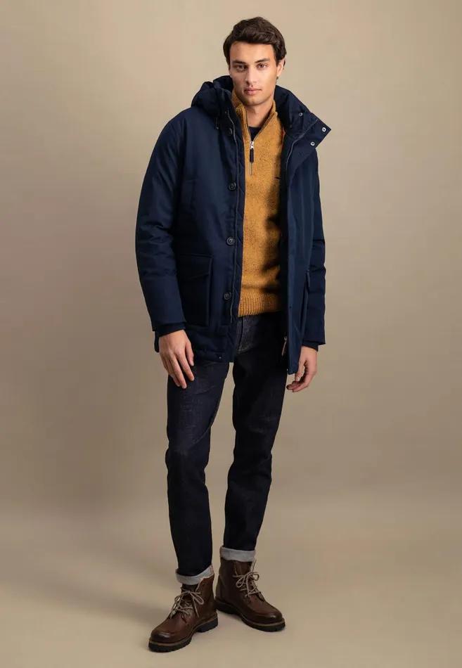 FYNCHHATTON Parka With Hood And Four Buttons Dark Navydark Khakiflamehazelcloud Blue Men Jackets and Coats