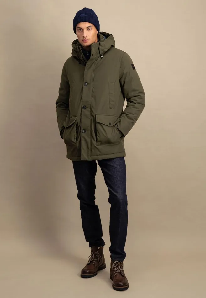FYNCHHATTON Parka With Hood And Four Buttons Dark Navydark Khakiflamehazelcloud Blue Men Jackets and Coats