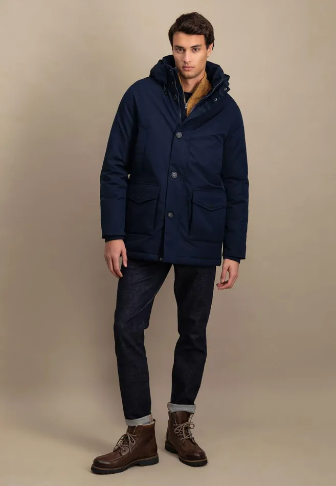 FYNCHHATTON Parka With Hood And Four Buttons Dark Navydark Khakiflamehazelcloud Blue Men Jackets and Coats