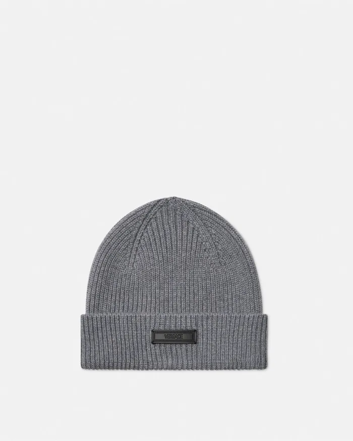 Hats and Caps WomenMen Versace Logo Knit Beanie Gray