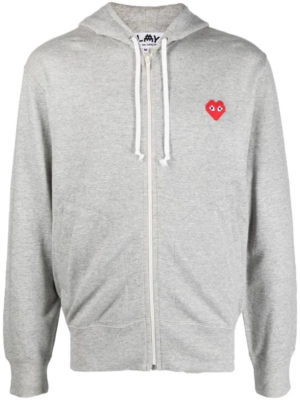 Henrik Vibskov Boutique CDG Play X Invader Mens Grey Zipped Hoodie 8211 Pixelated Heart Men Hoodies and Sweatshirts