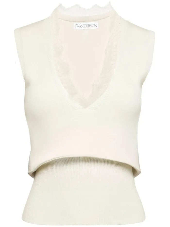 Henrik Vibskov Boutique Lace Trim V Neck Vest 8211 Oyster Women Knitwear