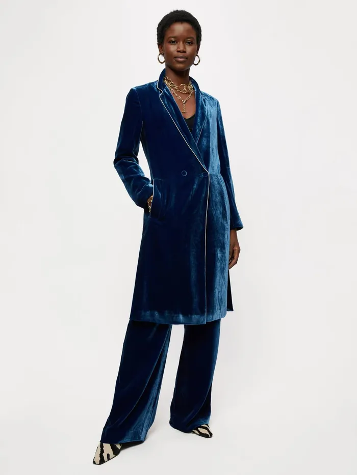 Jigsaw Jackets Women Velvet Robe Coat Blue
