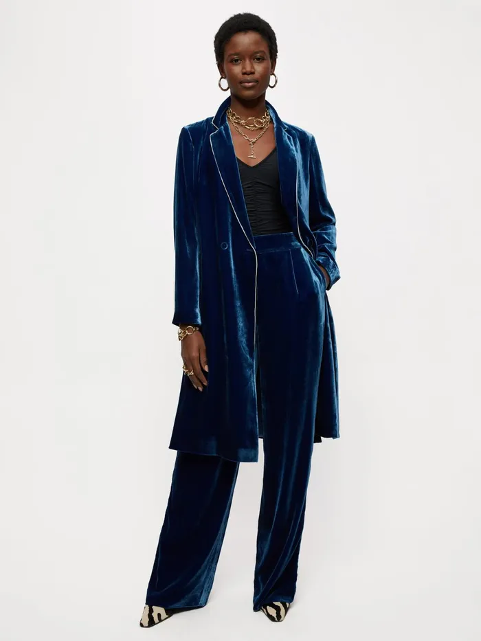 Jigsaw Jackets Women Velvet Robe Coat Blue