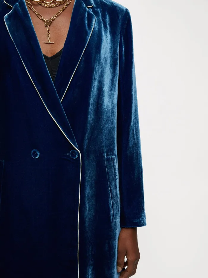 Jigsaw Jackets Women Velvet Robe Coat Blue