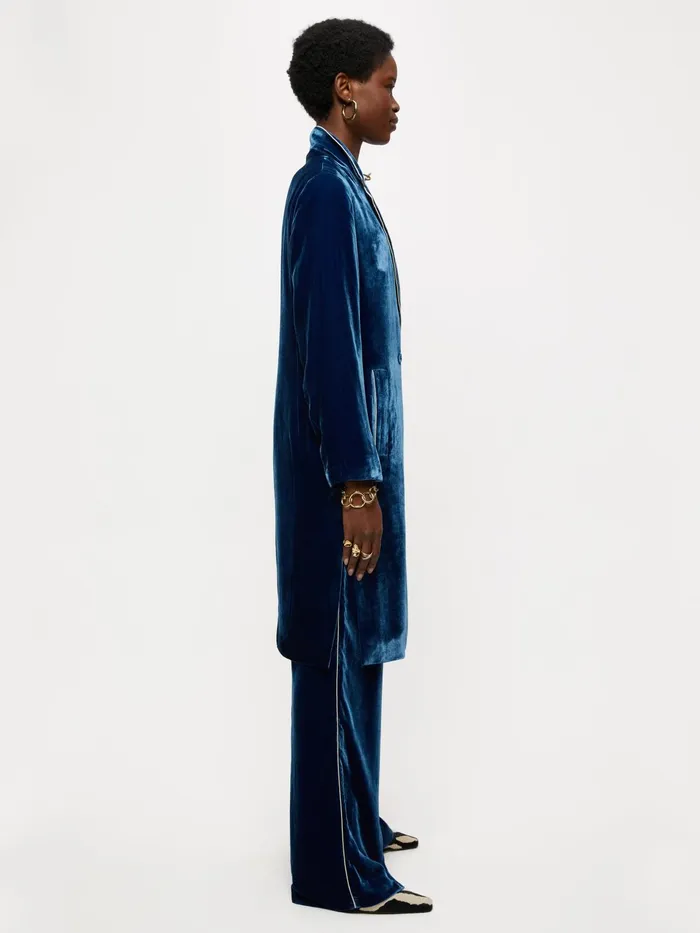 Jigsaw Jackets Women Velvet Robe Coat Blue