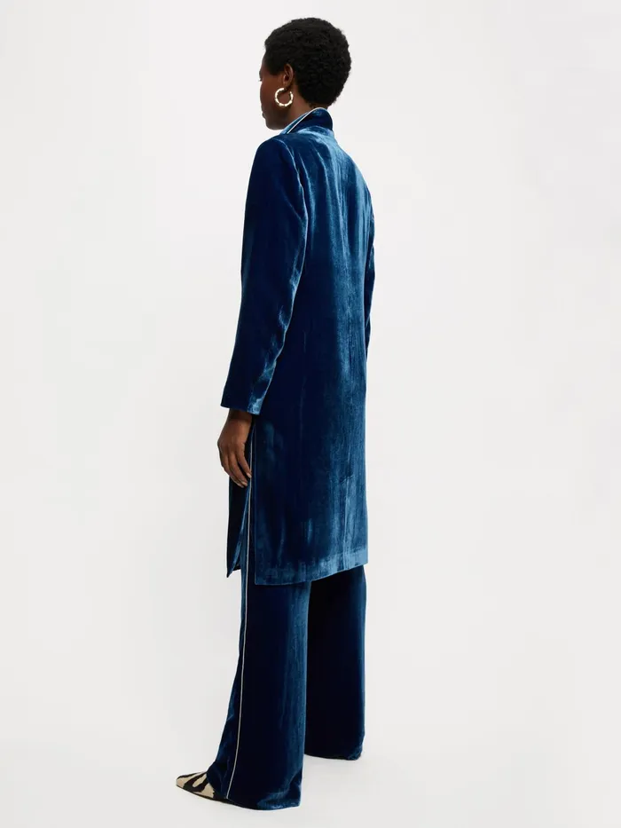 Jigsaw Jackets Women Velvet Robe Coat Blue