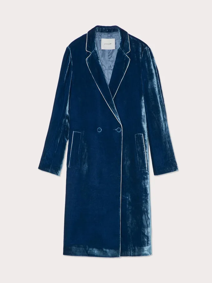 Jigsaw Jackets Women Velvet Robe Coat Blue