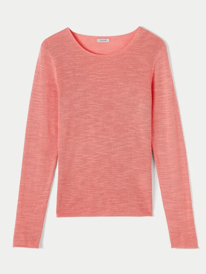 Jigsaw Knitwear and Cashmere Women Linen Cotton Crew Neck Jumper Pink