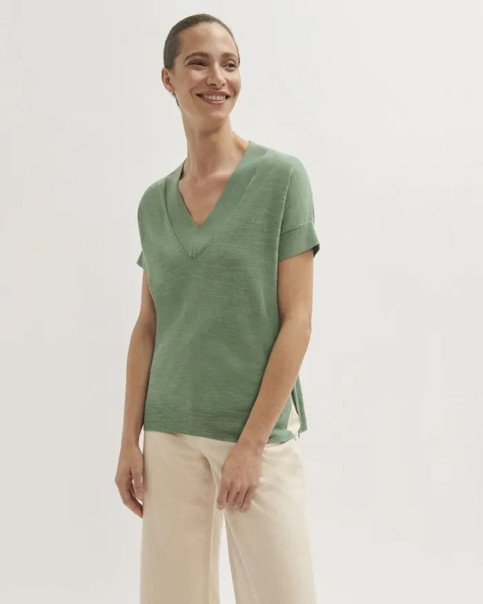 Jigsaw Knitwear and Cashmere Women Ss Linen Cotton Slub V Neck Green