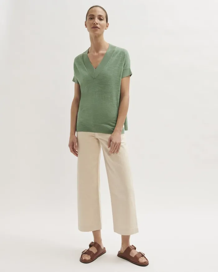 Jigsaw Knitwear and Cashmere Women Ss Linen Cotton Slub V Neck Green