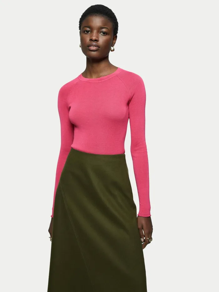 Jigsaw Knitwear and Cashmere Women Silk Cotton Crew Neck Jumper Pink