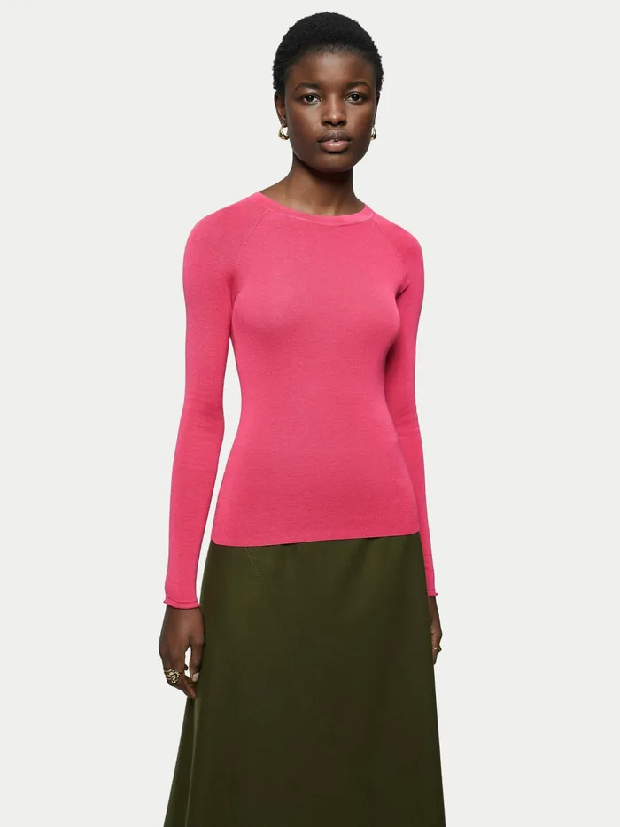 Jigsaw Knitwear and Cashmere Women Silk Cotton Crew Neck Jumper Pink
