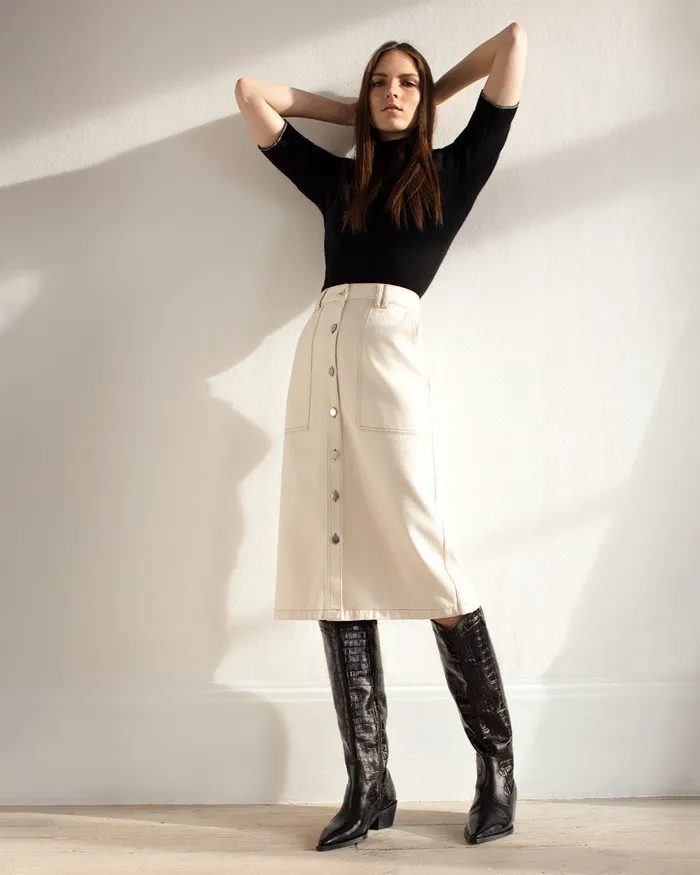 Jigsaw Skirts Women Denim Button Through Midi Skirt Cream