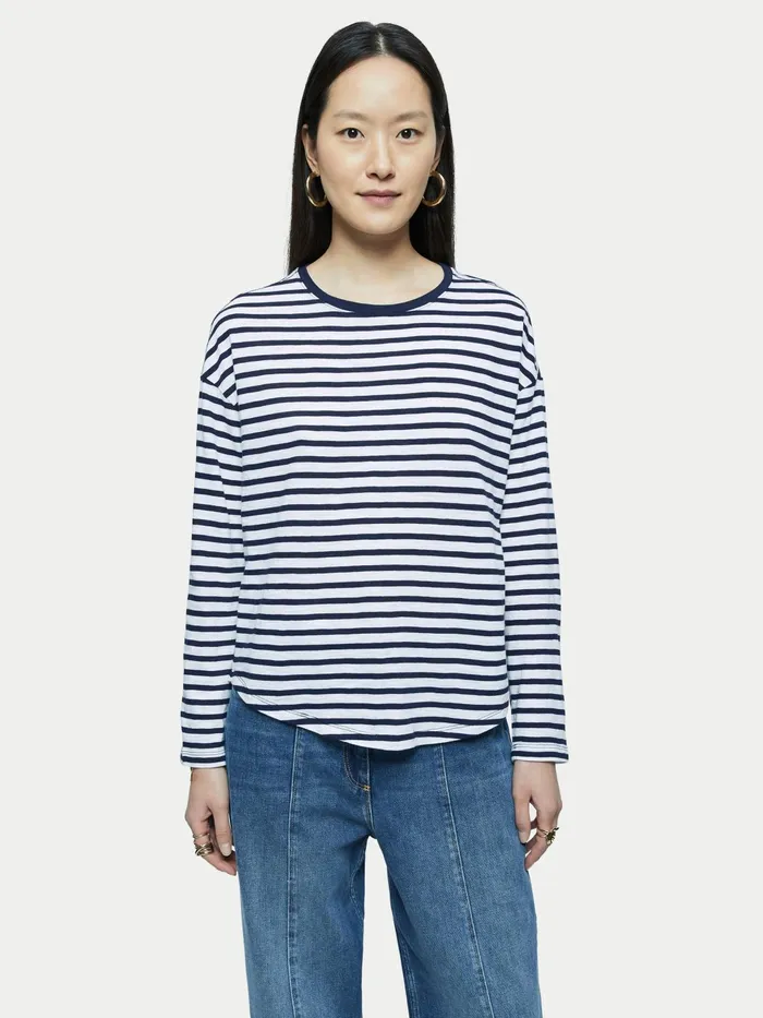 Jigsaw Tshirts Women Cotton Slub Stripe Long Sleeve Tee Blue
