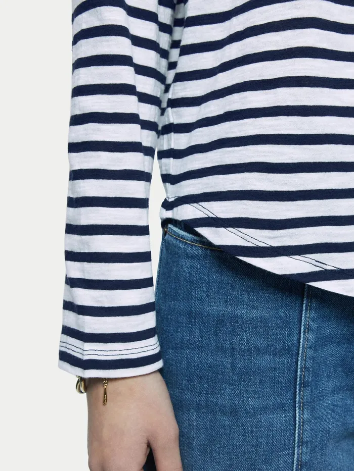 Jigsaw Tshirts Women Cotton Slub Stripe Long Sleeve Tee Blue