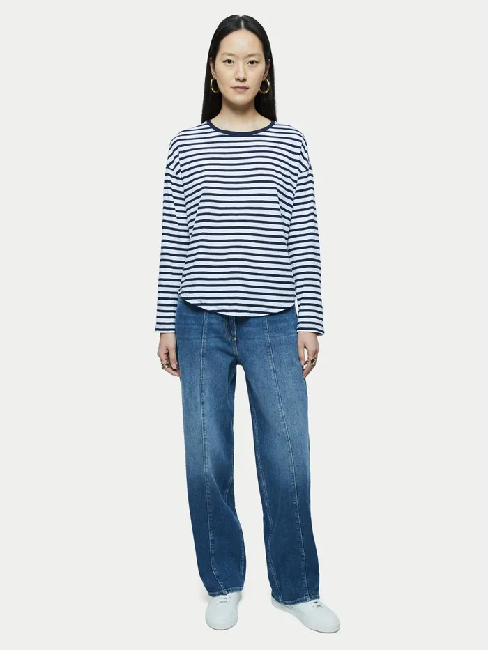 Jigsaw Tshirts Women Cotton Slub Stripe Long Sleeve Tee Blue