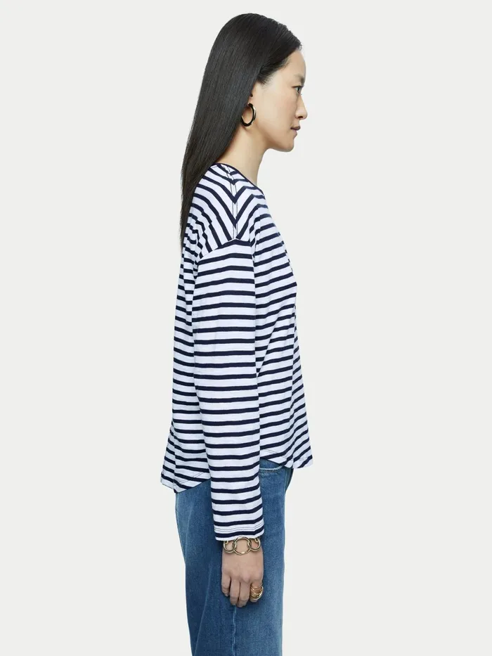 Jigsaw Tshirts Women Cotton Slub Stripe Long Sleeve Tee Blue