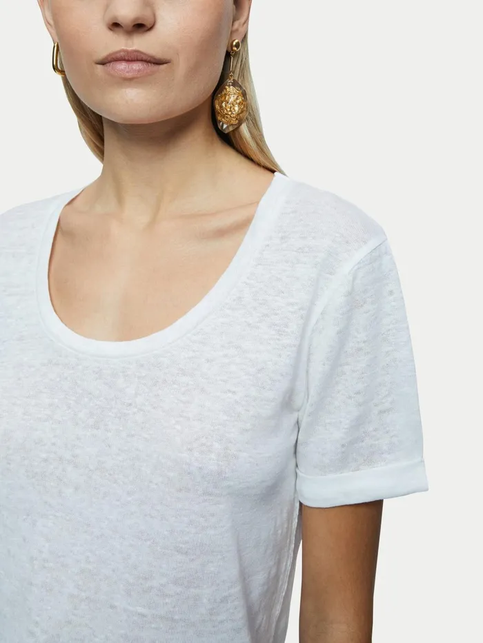 Jigsaw Tshirts Women Linen Scoop Rolled Sleeve Tee White