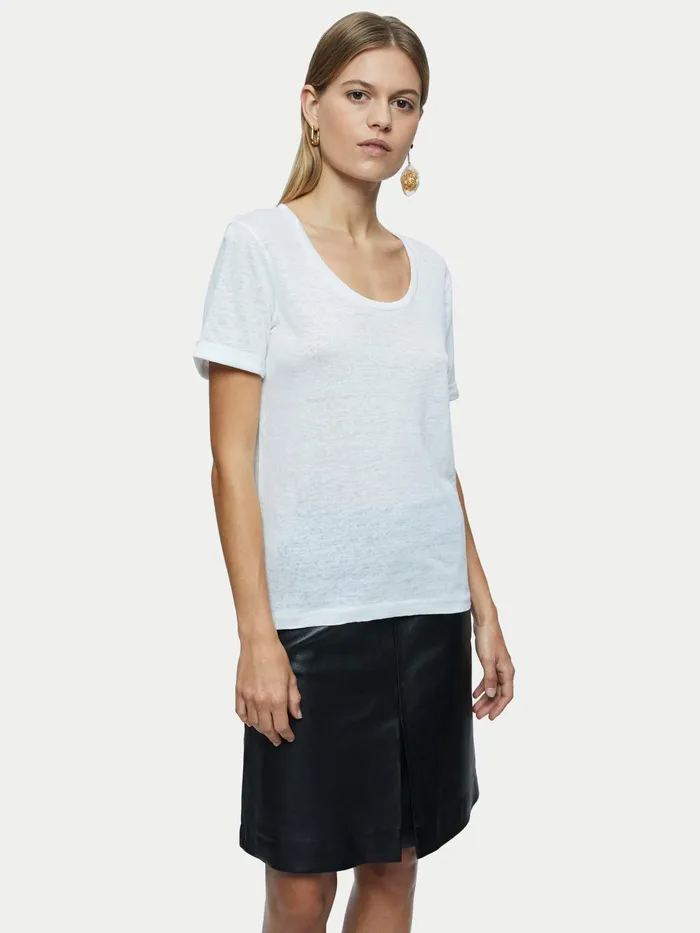 Jigsaw Tshirts Women Linen Scoop Rolled Sleeve Tee White