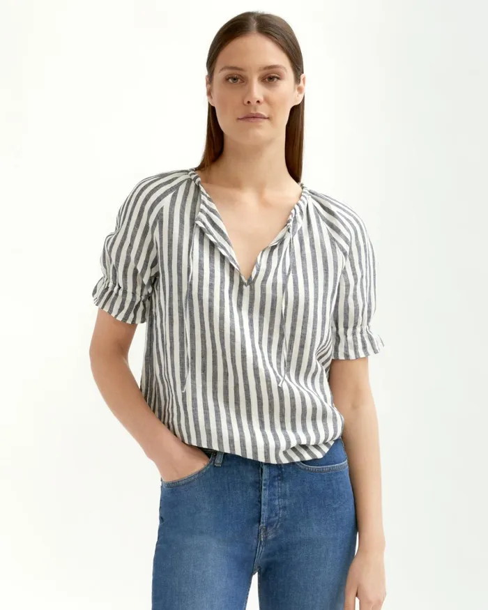 Jigsaw Tops Women Linen Stripe Gathered Top Blue