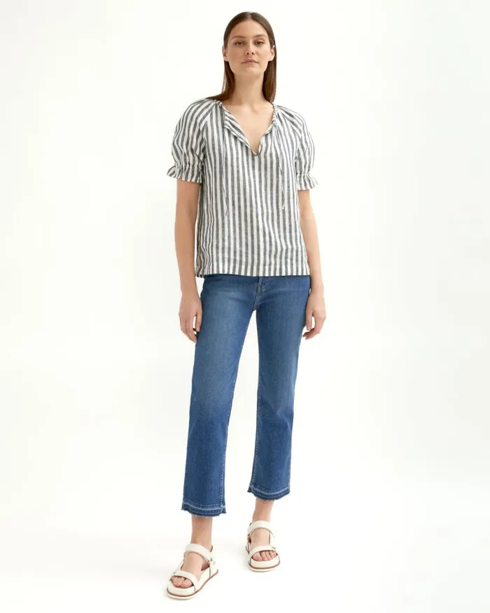 Jigsaw Tops Women Linen Stripe Gathered Top Blue