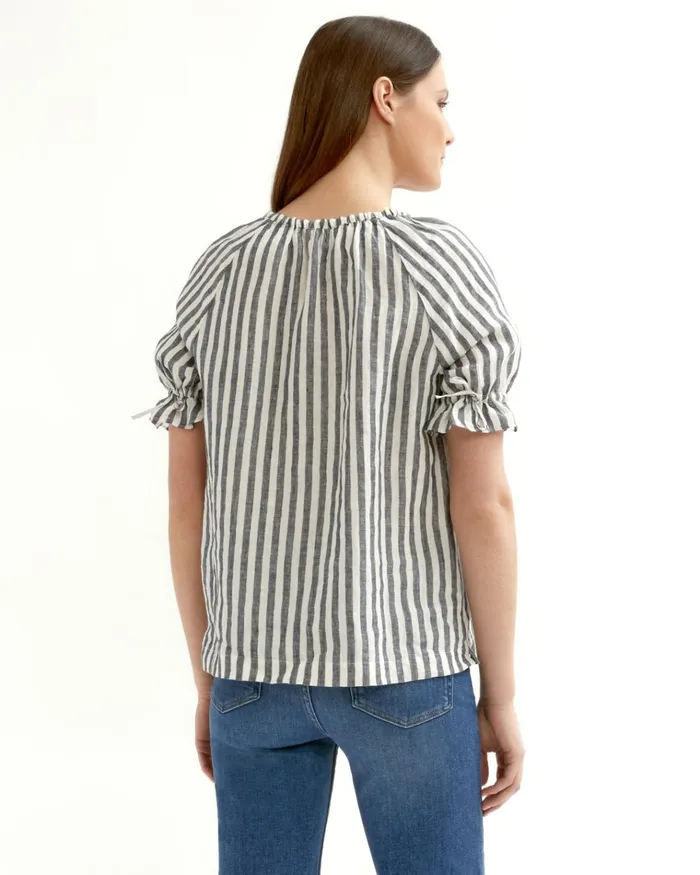 Jigsaw Tops Women Linen Stripe Gathered Top Blue