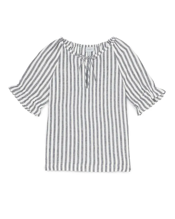 Jigsaw Tops Women Linen Stripe Gathered Top Blue
