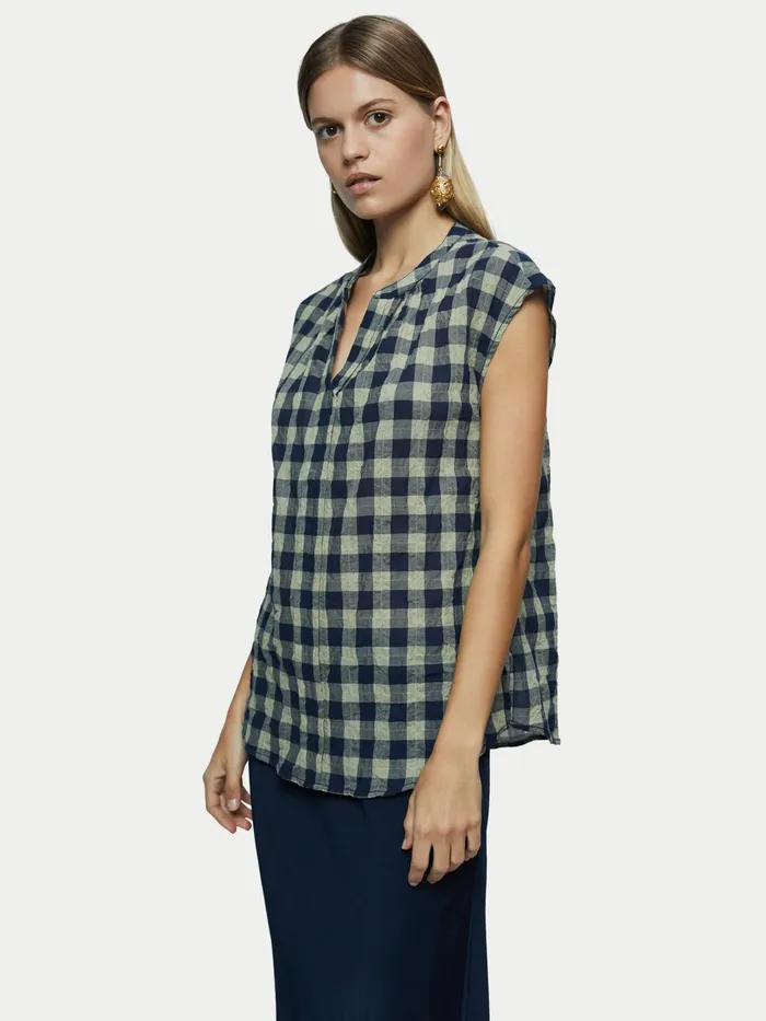 Jigsaw Tops Women Textured Cotton Check Top Blue