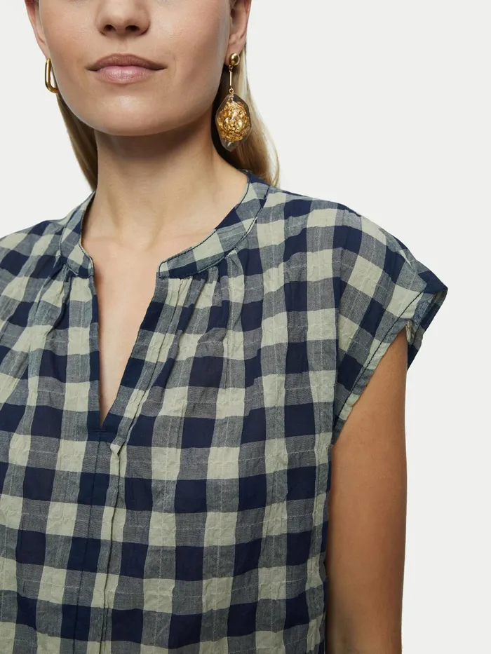 Jigsaw Tops Women Textured Cotton Check Top Blue