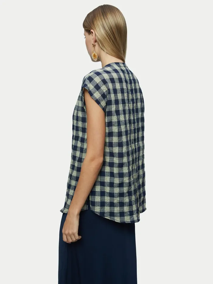 Jigsaw Tops Women Textured Cotton Check Top Blue