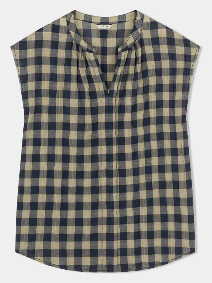 Jigsaw Tops Women Textured Cotton Check Top Blue