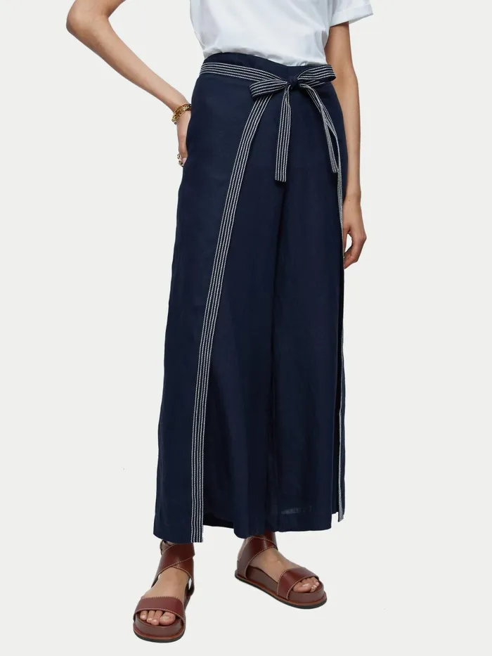 Jigsaw Trousers Women Linen Stitch Detail Palazzo Blue